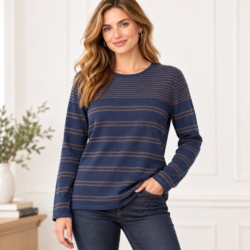 J.McLaughlin Striped Sweater XL Navy Blue Womens Preppy Knit Pullover Top